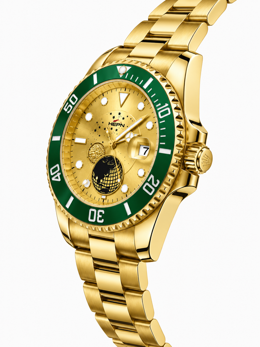 HERYI Gold Stainless Steel Watch – Green Bezel & Celestial Starry Gold Dial