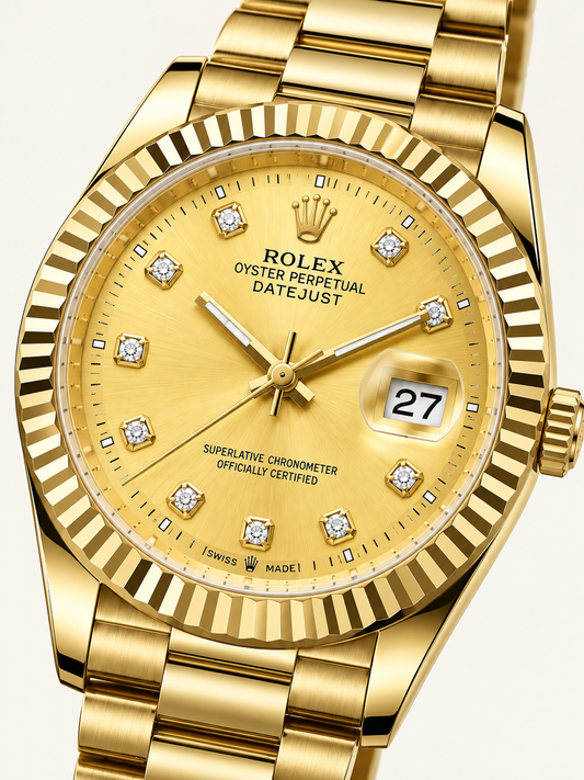 Rolex Luxury Gold Diamond Dial Watch – Classic Fluted Bezel & Date Display
