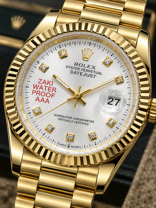 Rolex Luxury Gold Watch with White Diamond Dial & Fluted Bezel