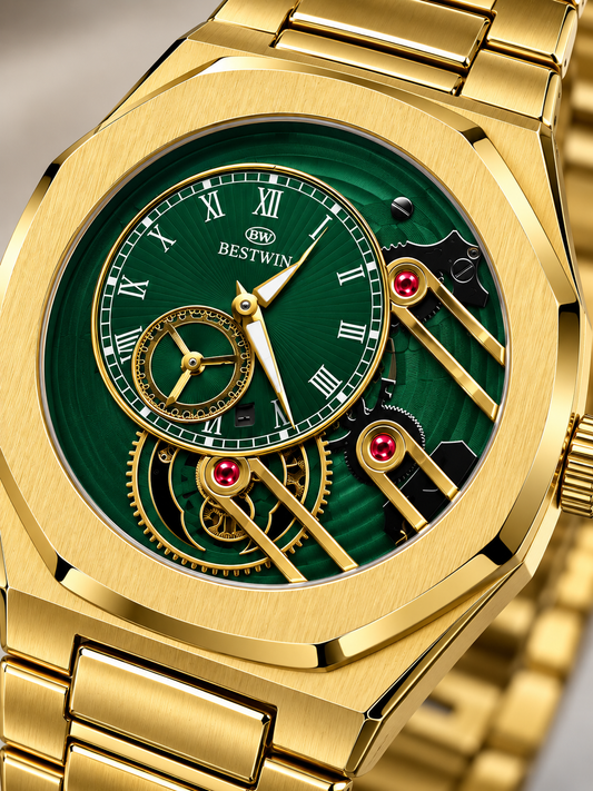 BESTWIN Gold & Emerald Green Skeleton Mechanical Style Watch