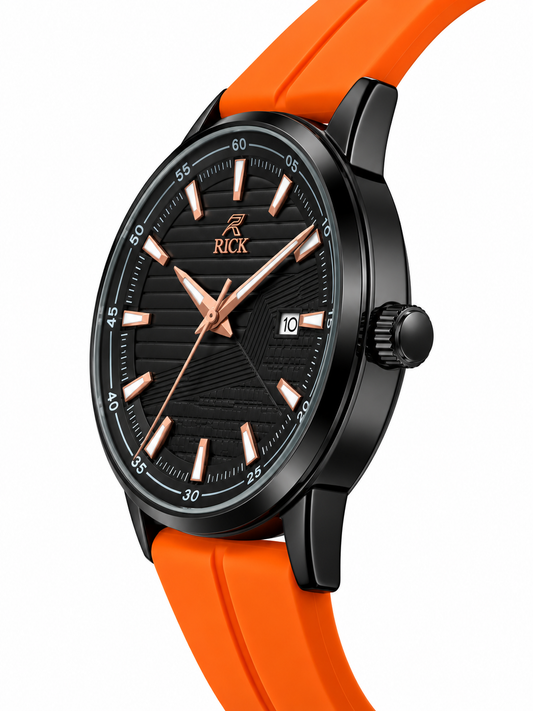 RICK Black Dial Watch with Orange Silicone Strap