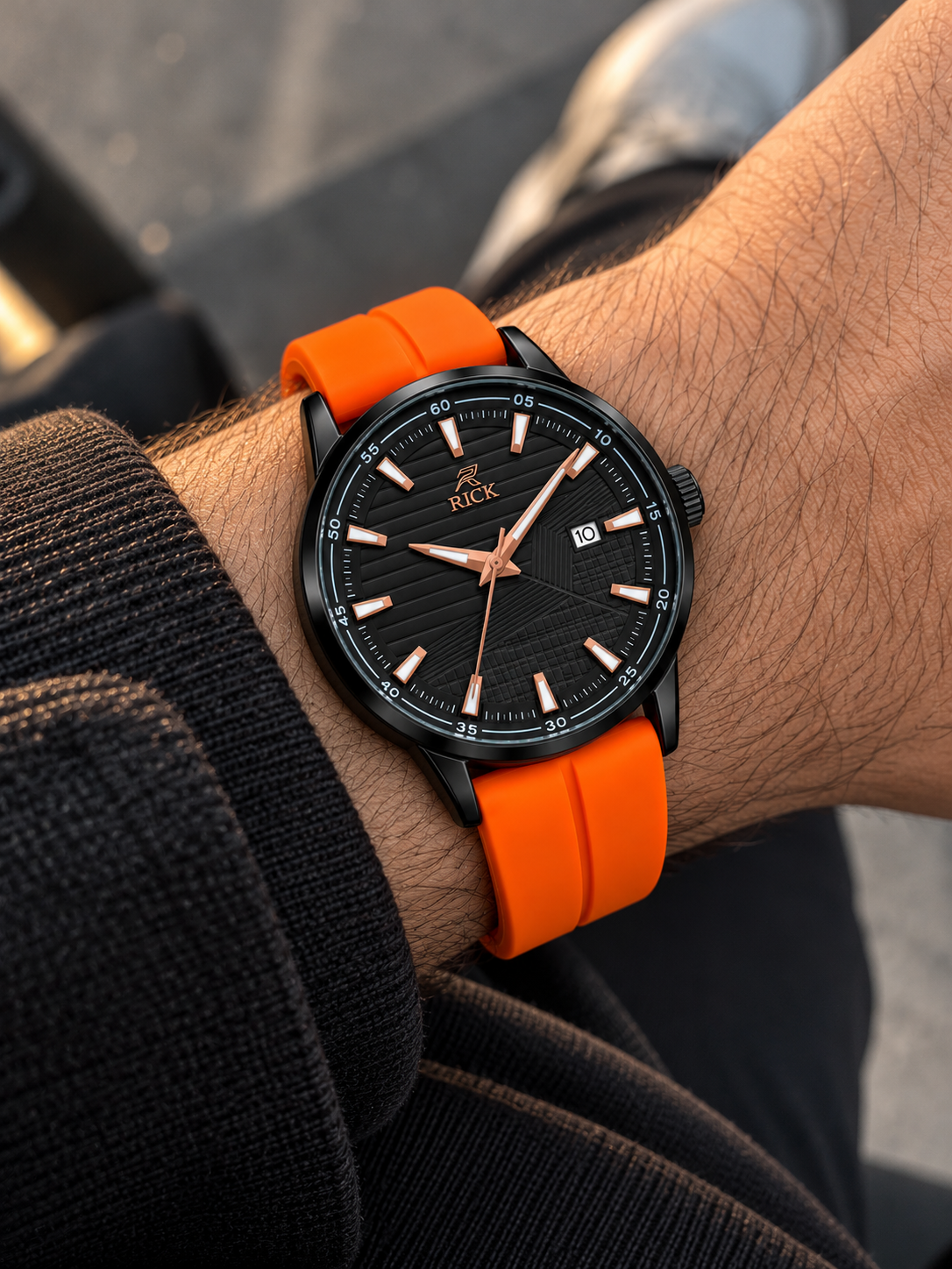 RICK Black Dial Watch with Orange Silicone Strap