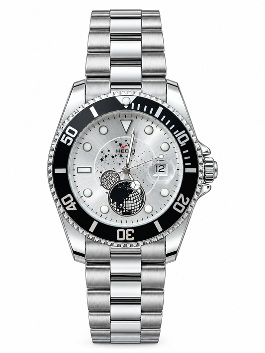 HERYI Men's Stainless Steel Celestial Watch – Silver Starry Dial & Rotating Bezel