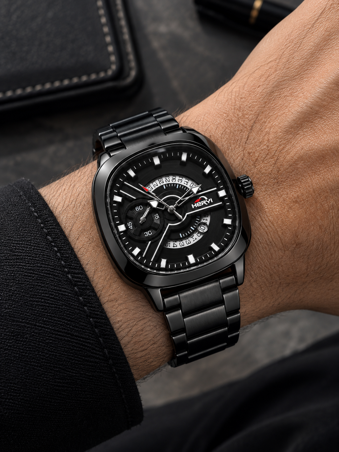 HERVI All-Black Avant-Garde Squircle Dial Steel Men's Watch
