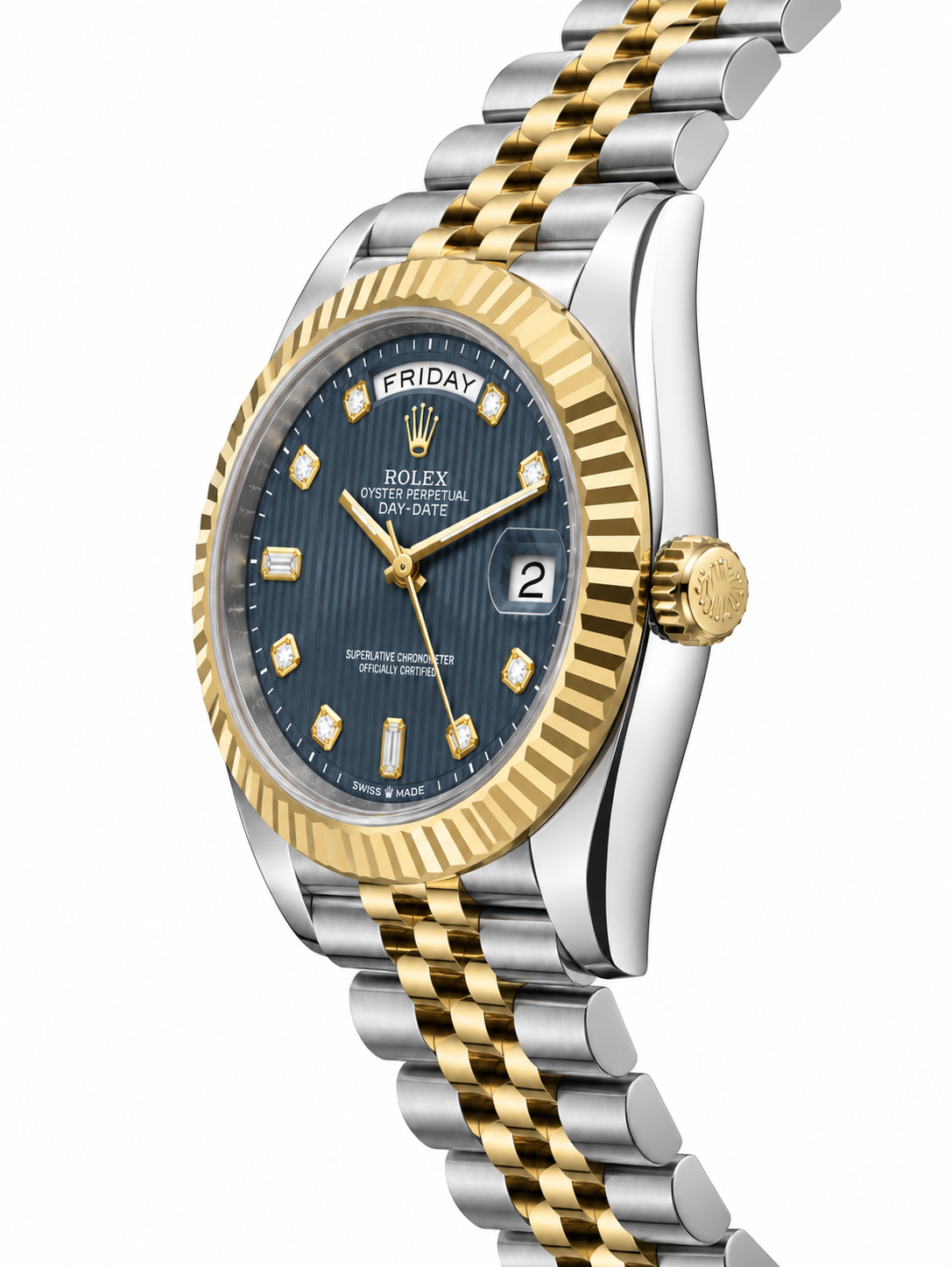 Luxury Two-Tone Day-Date Men’s Watch – Blue Dial & Fluted Gold Bezel