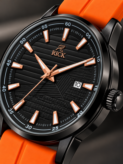 RICK Black Dial Watch with Orange Silicone Strap