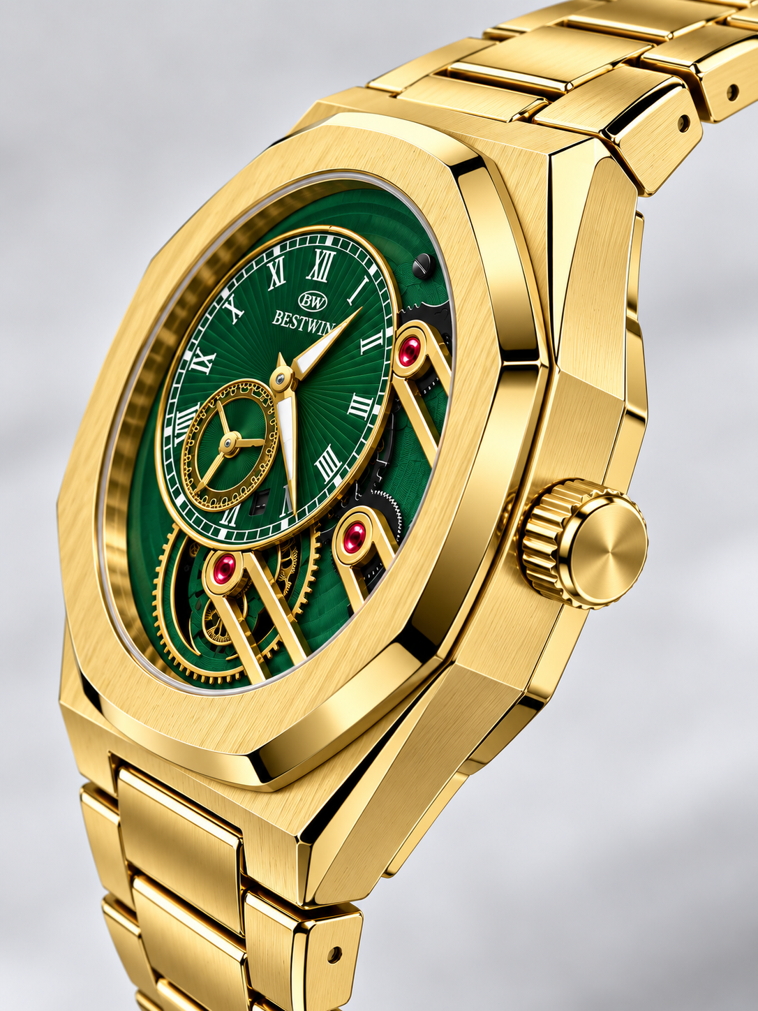 BESTWIN Gold & Emerald Green Skeleton Mechanical Style Watch