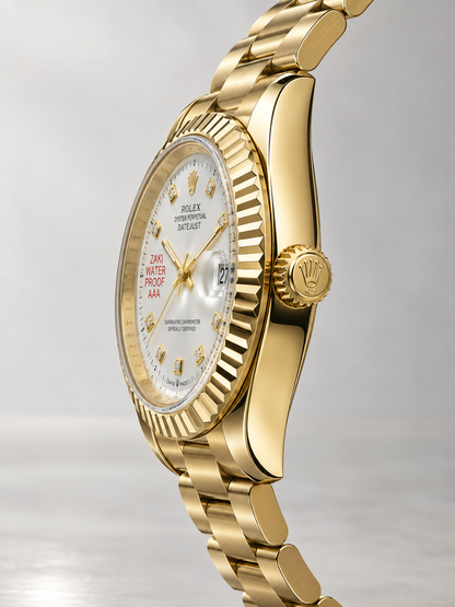 Rolex Luxury Gold Watch with White Diamond Dial & Fluted Bezel