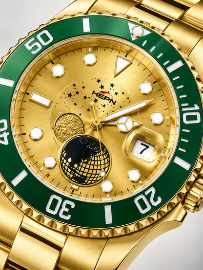 HERYI Gold Stainless Steel Watch – Green Bezel & Celestial Starry Gold Dial