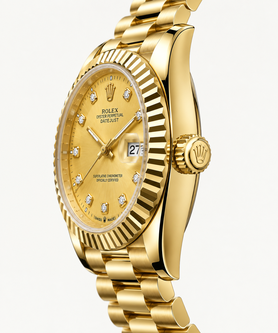 Rolex Luxury Gold Diamond Dial Watch – Classic Fluted Bezel & Date Display