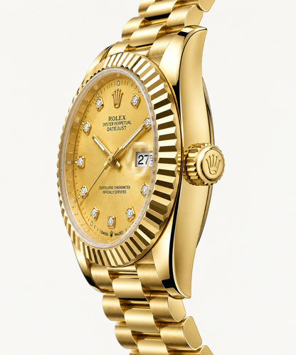 Rolex Luxury Gold Diamond Dial Watch – Classic Fluted Bezel & Date Display