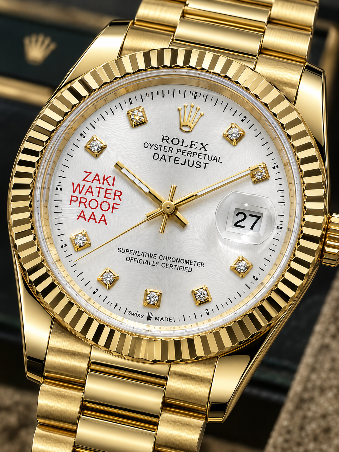 Rolex Luxury Gold Watch with White Diamond Dial & Fluted Bezel