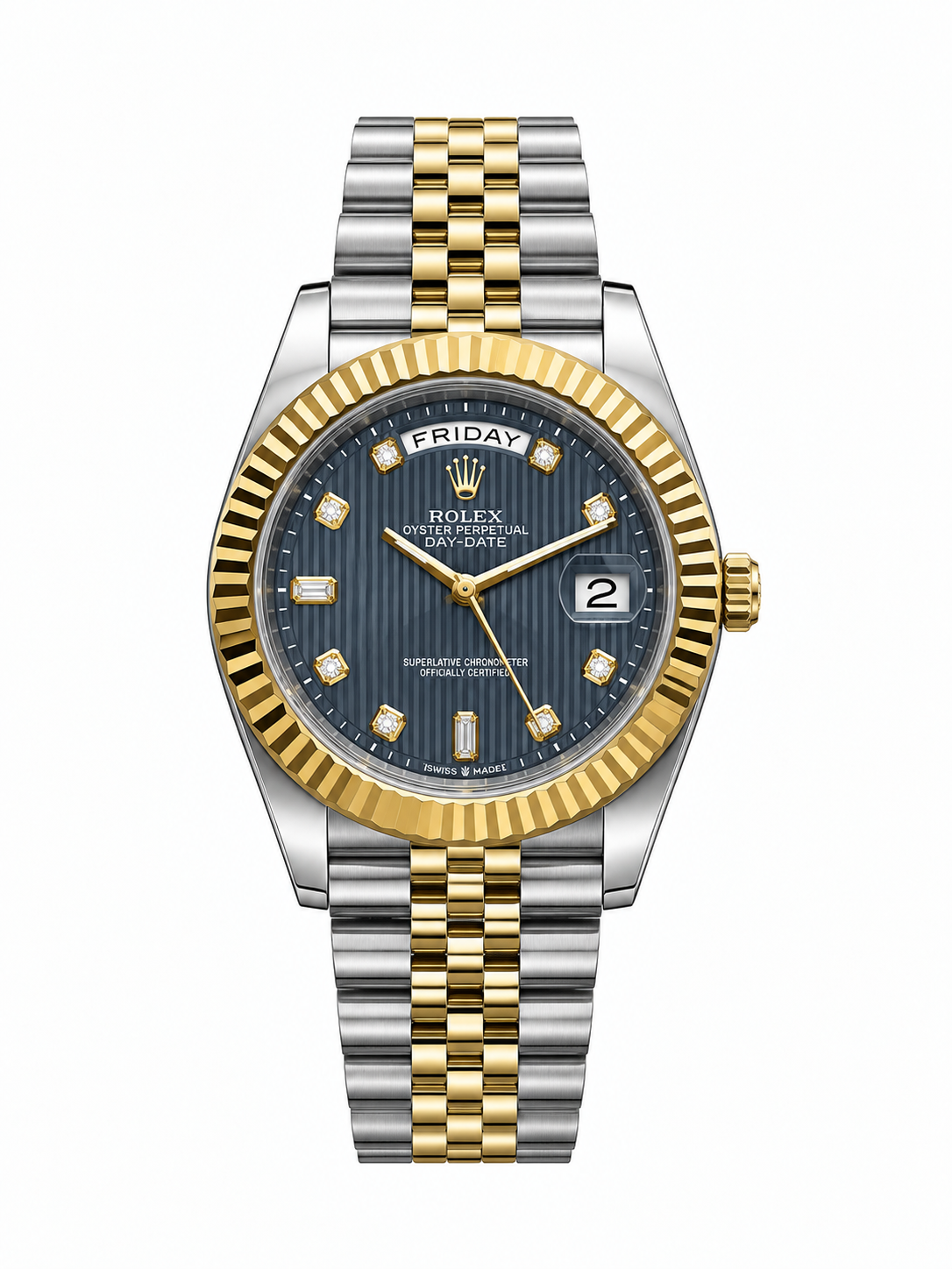 Luxury Two-Tone Day-Date Men’s Watch – Blue Dial & Fluted Gold Bezel