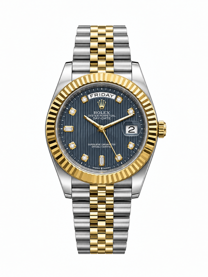 Luxury Two-Tone Day-Date Men’s Watch – Blue Dial & Fluted Gold Bezel