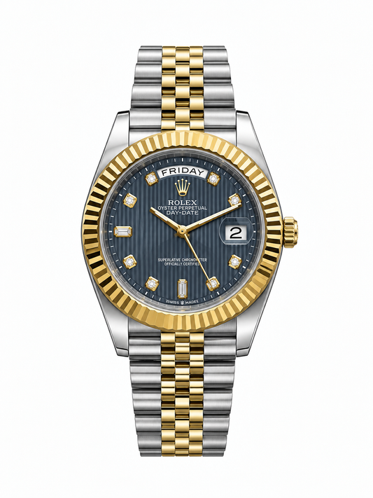 Luxury Two-Tone Day-Date Men’s Watch – Blue Dial & Fluted Gold Bezel
