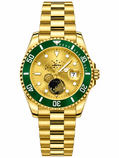 HERYI Gold Stainless Steel Watch – Green Bezel & Celestial Starry Gold Dial