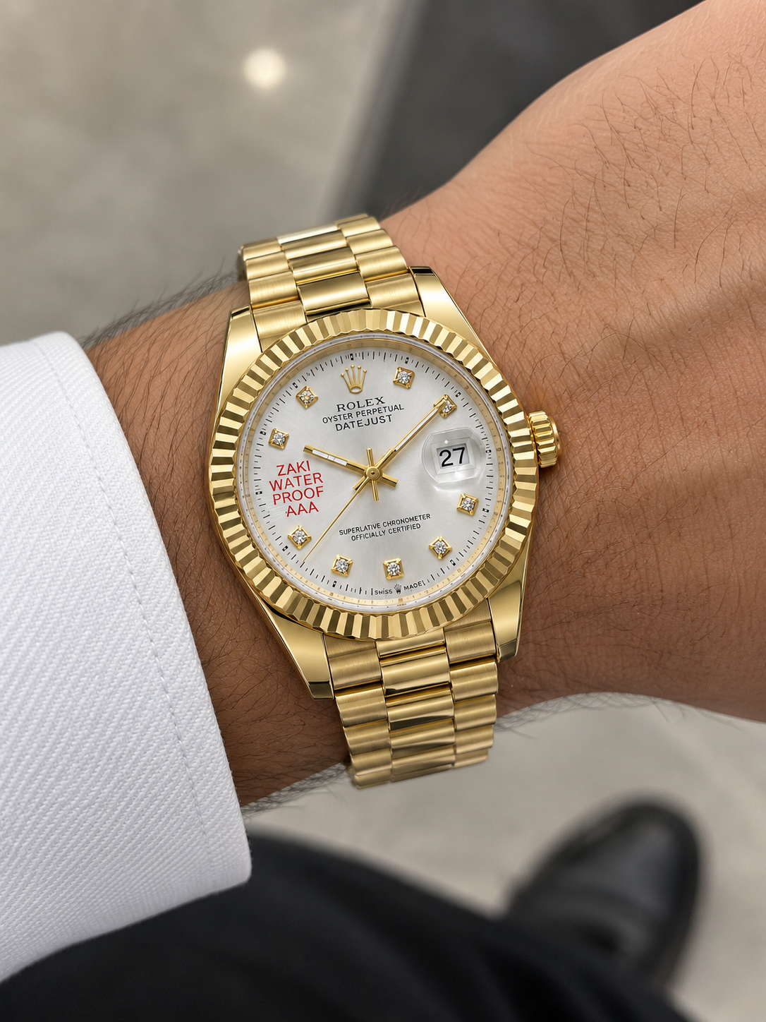 Rolex Luxury Gold Watch with White Diamond Dial & Fluted Bezel
