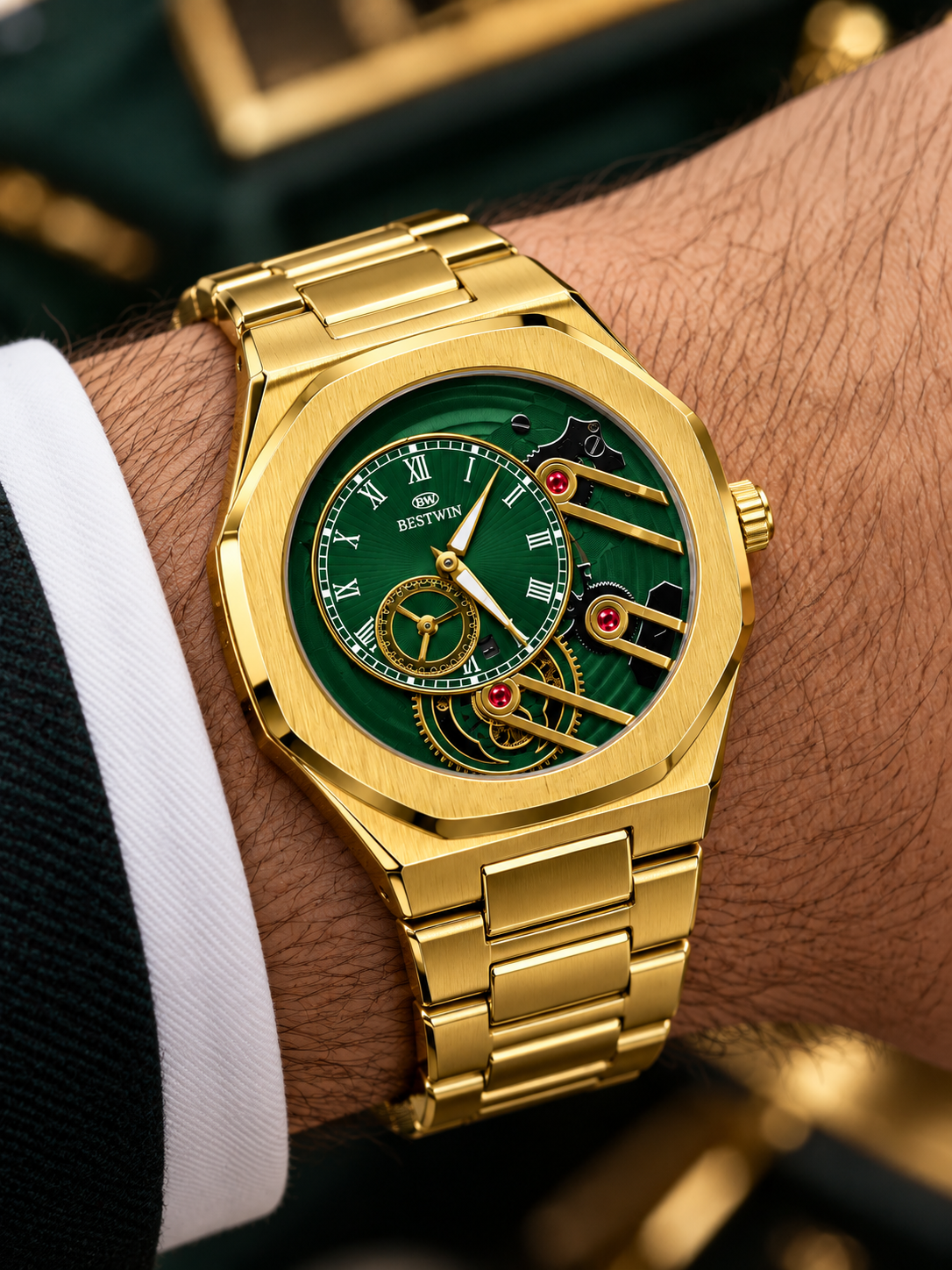 BESTWIN Gold & Emerald Green Skeleton Mechanical Style Watch