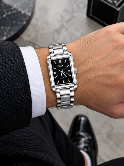 HALEI Classic Rectangular Stainless Steel Quartz Watch