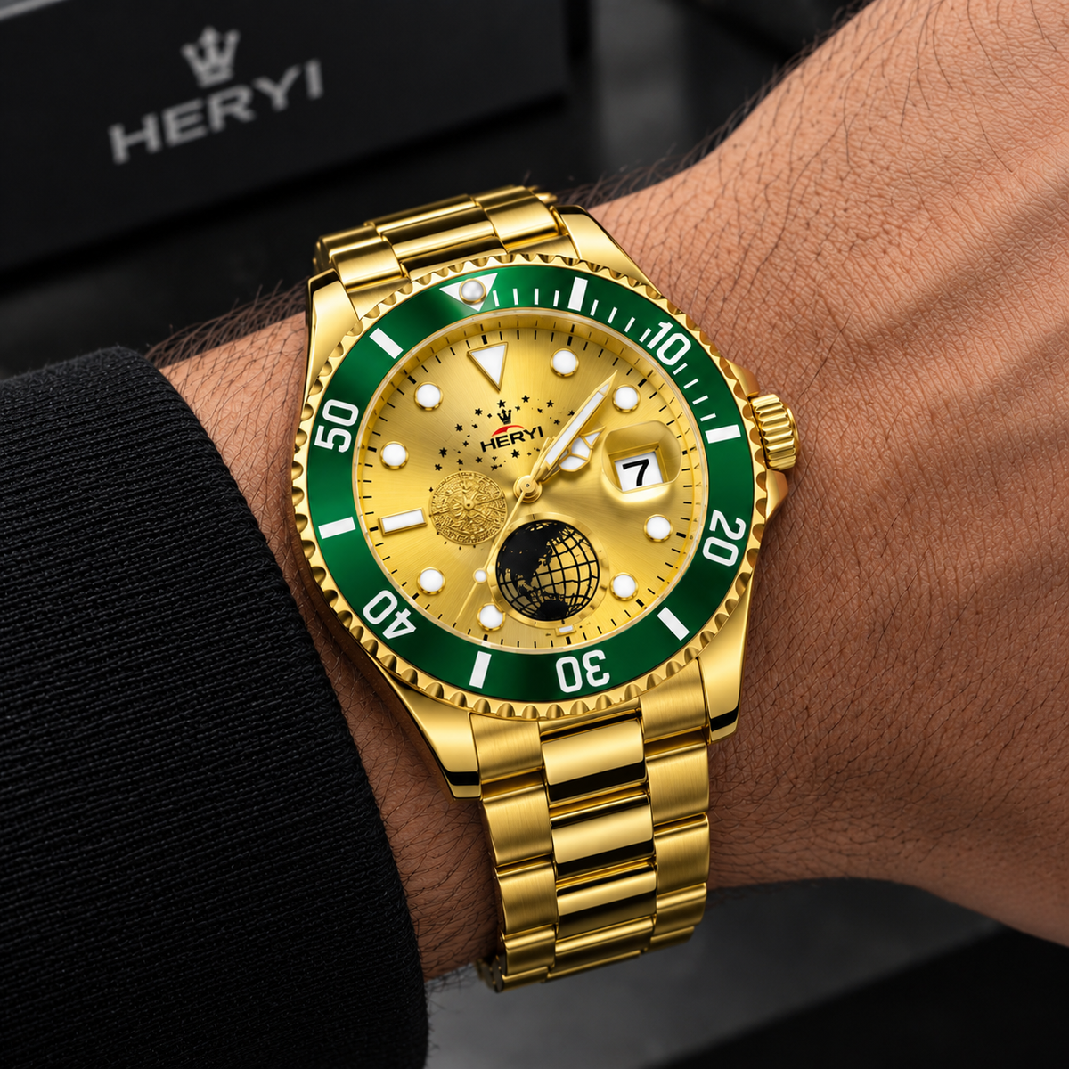 HERYI Gold Stainless Steel Watch – Green Bezel & Celestial Starry Gold Dial