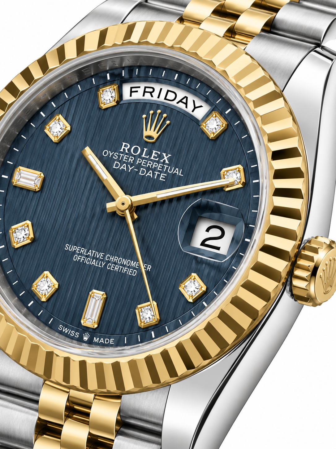 Luxury Two-Tone Day-Date Men’s Watch – Blue Dial & Fluted Gold Bezel