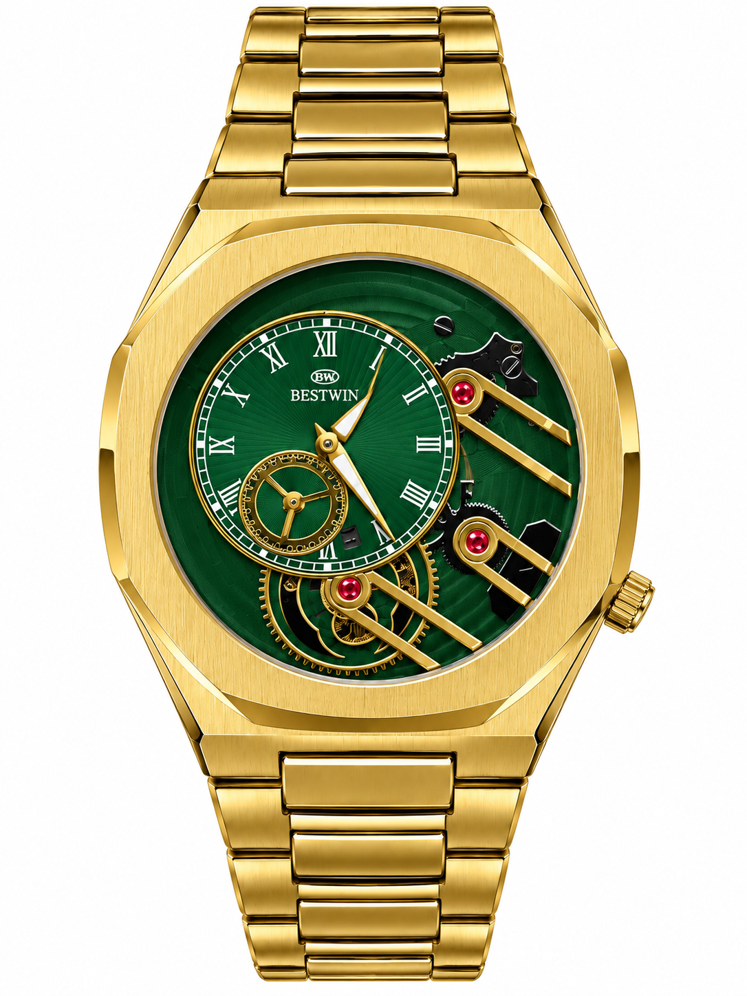 BESTWIN Gold & Emerald Green Skeleton Mechanical Style Watch