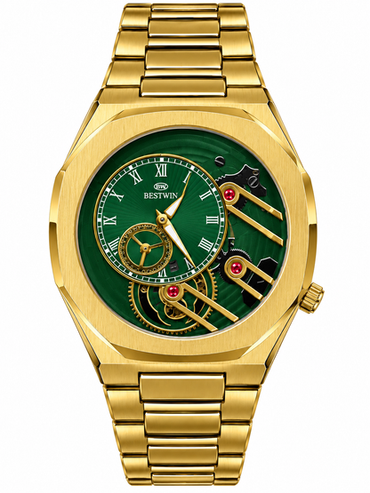 BESTWIN Gold & Emerald Green Skeleton Mechanical Style Watch