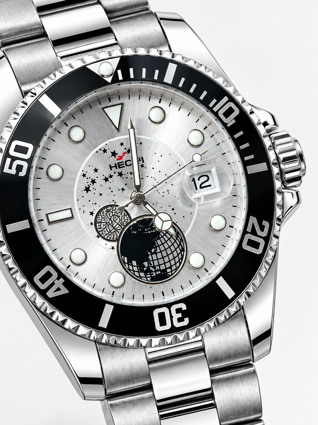 HERYI Men's Stainless Steel Celestial Watch – Silver Starry Dial & Rotating Bezel