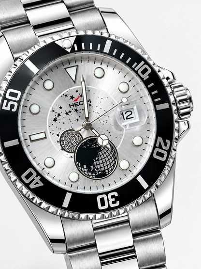 HERYI Men's Stainless Steel Celestial Watch – Silver Starry Dial & Rotating Bezel