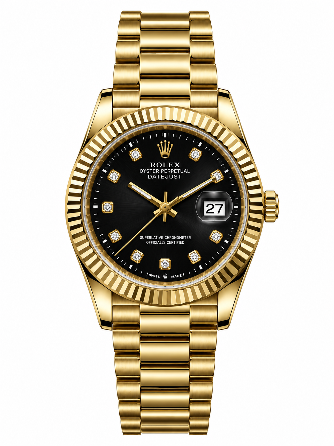 Luxury Gold & Black Diamond Dial Watch – Fluted Bezel