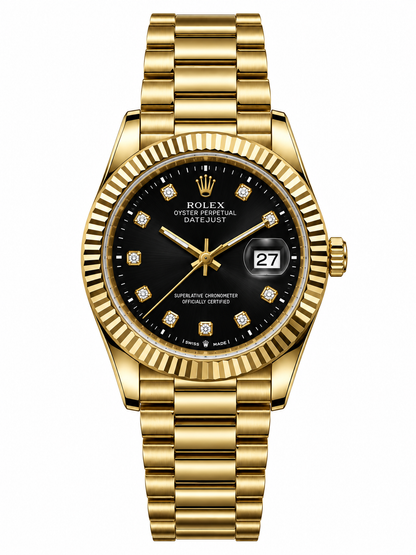 Luxury Gold & Black Diamond Dial Watch – Fluted Bezel