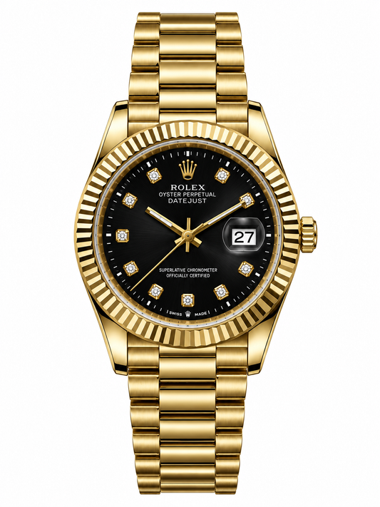 Luxury Gold & Black Diamond Dial Watch – Fluted Bezel