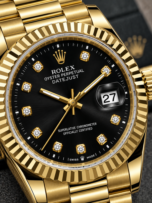Luxury Gold & Black Diamond Dial Watch – Fluted Bezel
