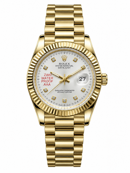 Rolex Luxury Gold Watch with White Diamond Dial & Fluted Bezel
