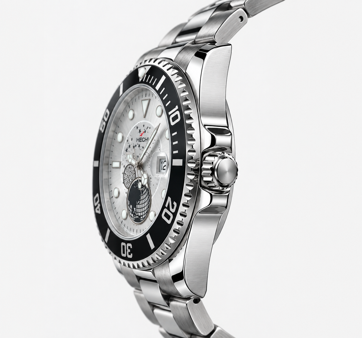HERYI Men's Stainless Steel Celestial Watch – Silver Starry Dial & Rotating Bezel
