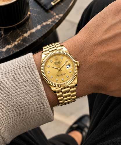 Rolex Luxury Gold Diamond Dial Watch – Classic Fluted Bezel & Date Display