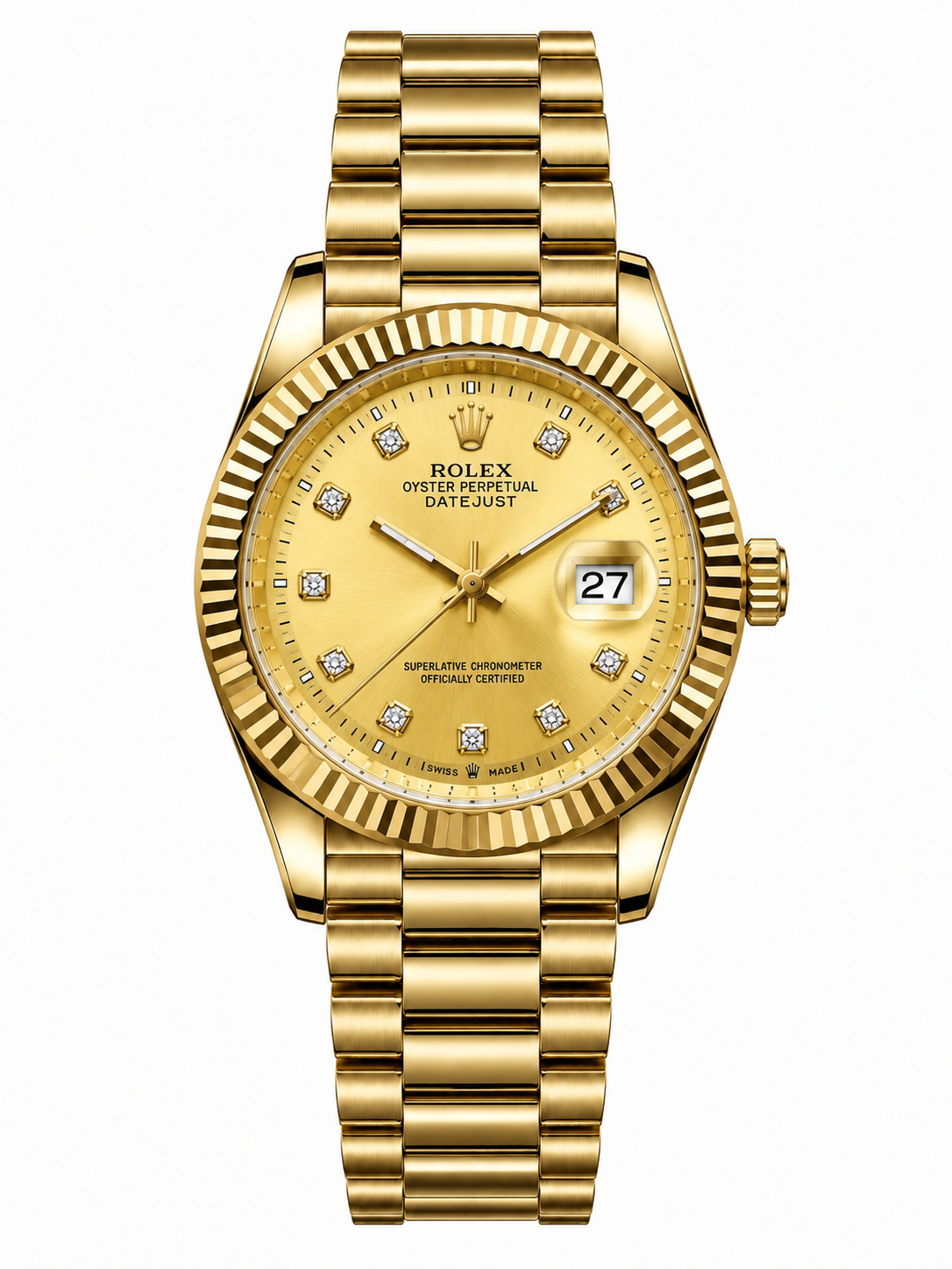 Rolex Luxury Gold Diamond Dial Watch – Classic Fluted Bezel & Date Display