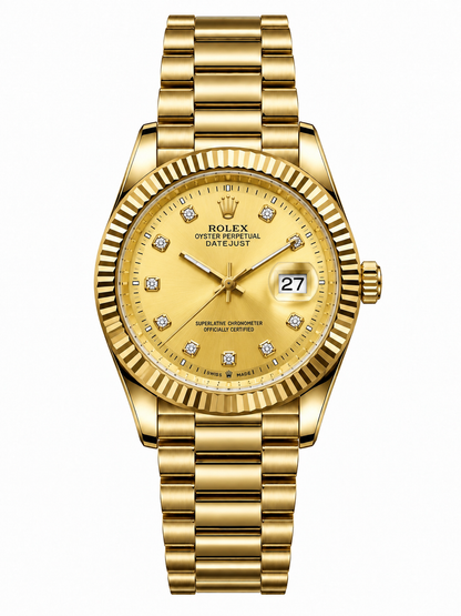 Rolex Luxury Gold Diamond Dial Watch – Classic Fluted Bezel & Date Display