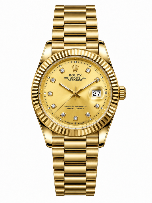 Rolex Luxury Gold Diamond Dial Watch – Classic Fluted Bezel & Date Display