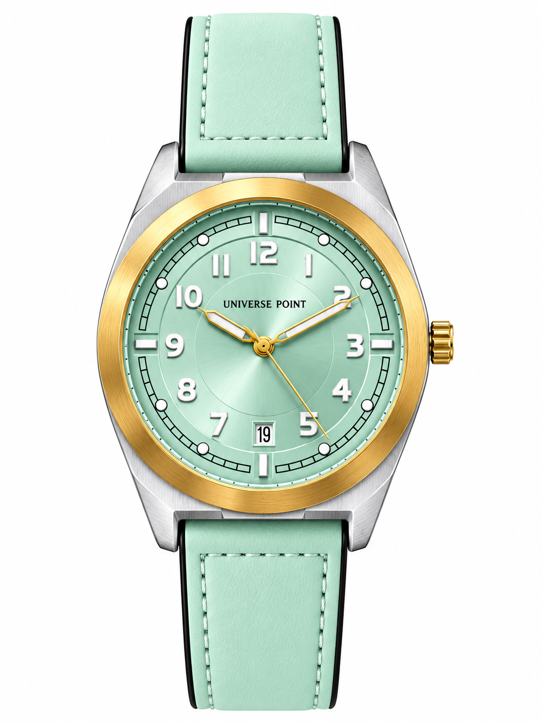 UNIVERSE POINT Ice Blue & Gold Cushion-Case Leather Quartz Watch