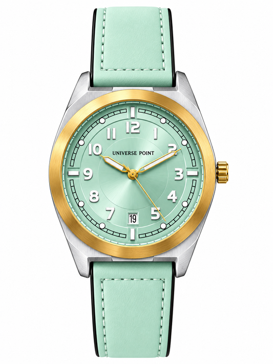 UNIVERSE POINT Ice Blue & Gold Cushion-Case Leather Quartz Watch