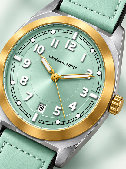 UNIVERSE POINT Ice Blue & Gold Cushion-Case Leather Quartz Watch