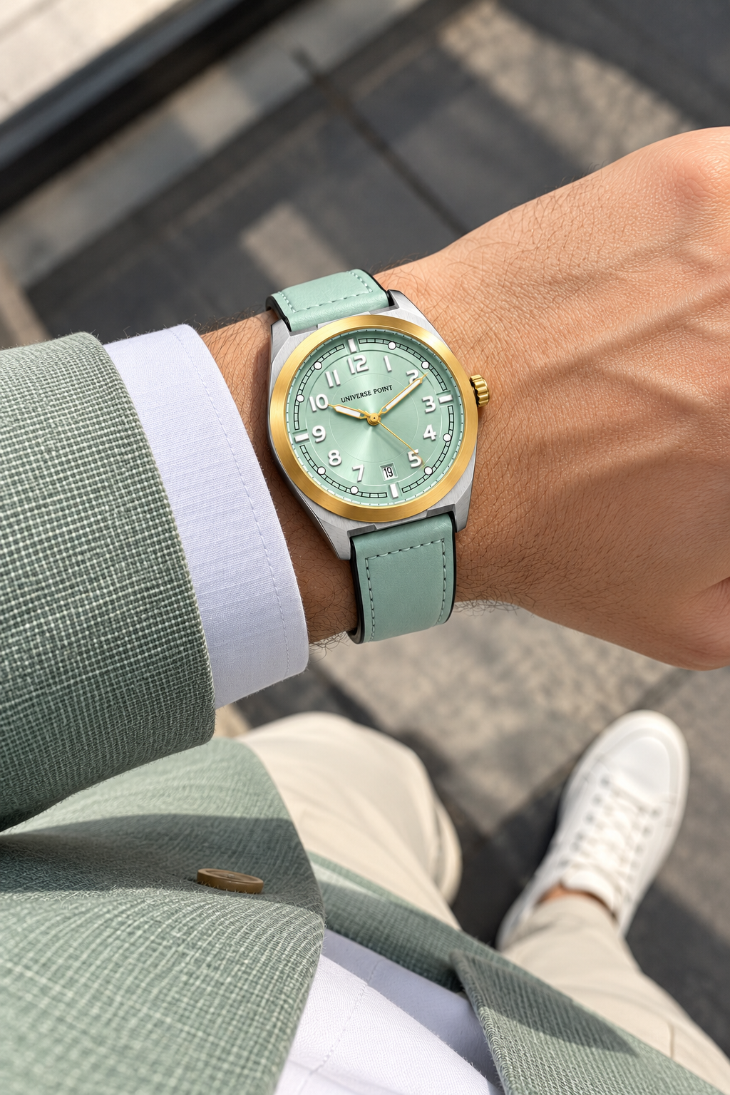 UNIVERSE POINT Ice Blue & Gold Cushion-Case Leather Quartz Watch