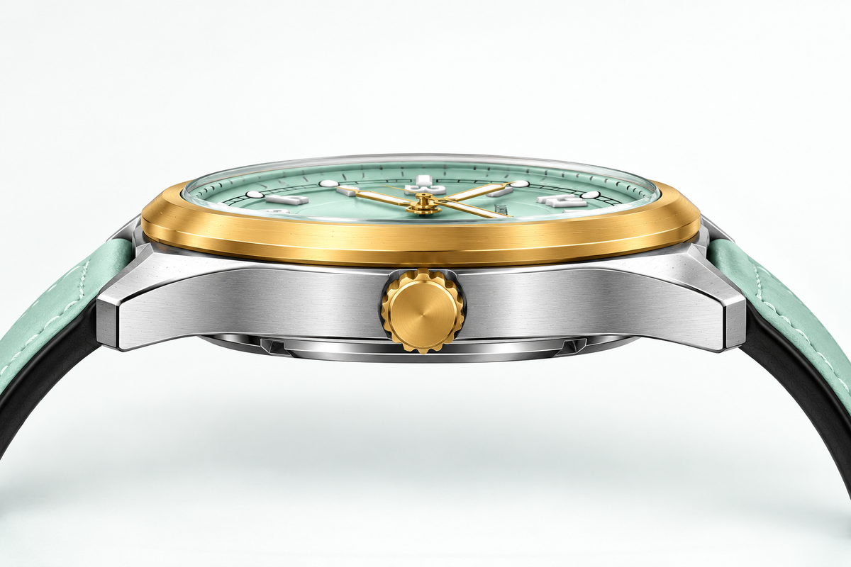 UNIVERSE POINT Ice Blue & Gold Cushion-Case Leather Quartz Watch