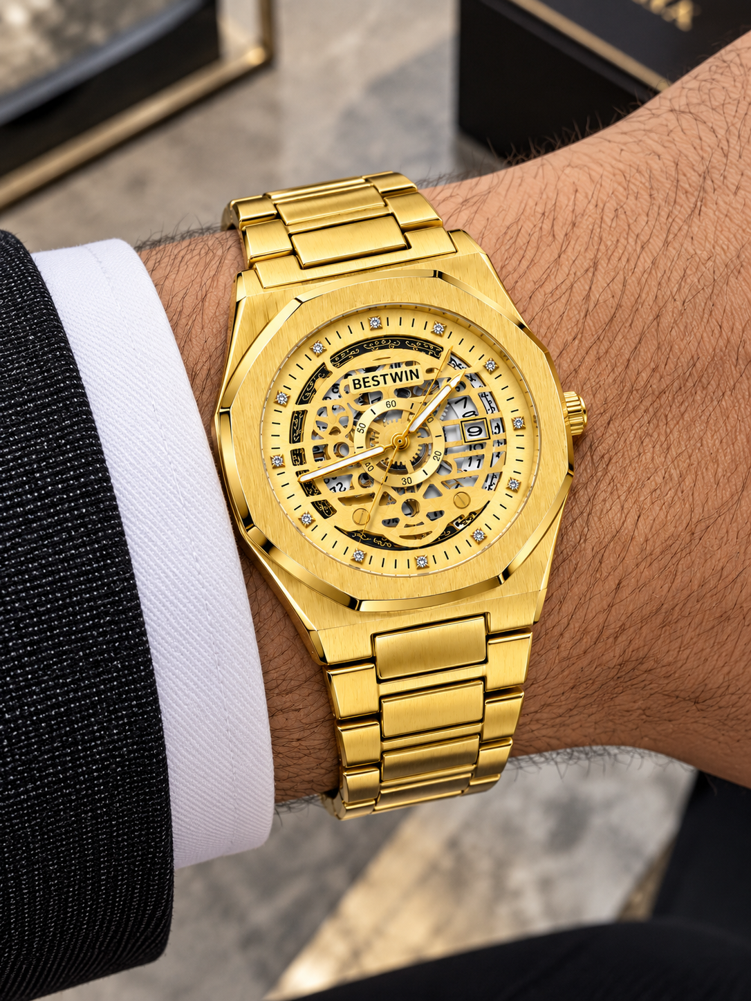BESTWIN All-Gold Full Skeleton Mechanical Style Watch