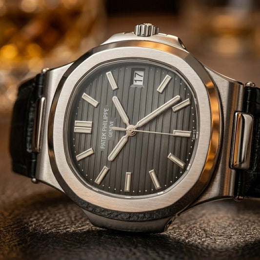 Patek Philippe Stainless Steel Dark Grey Dial Leather Strap Watch