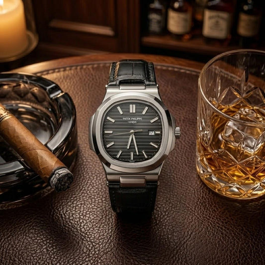 Patek Philippe Stainless Steel Dark Grey Dial Leather Strap Watch