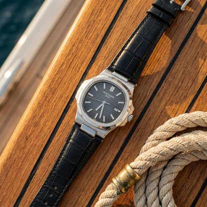 Patek Philippe Stainless Steel Dark Grey Dial Leather Strap Watch