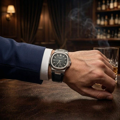 Patek Philippe Stainless Steel Dark Grey Dial Leather Strap Watch