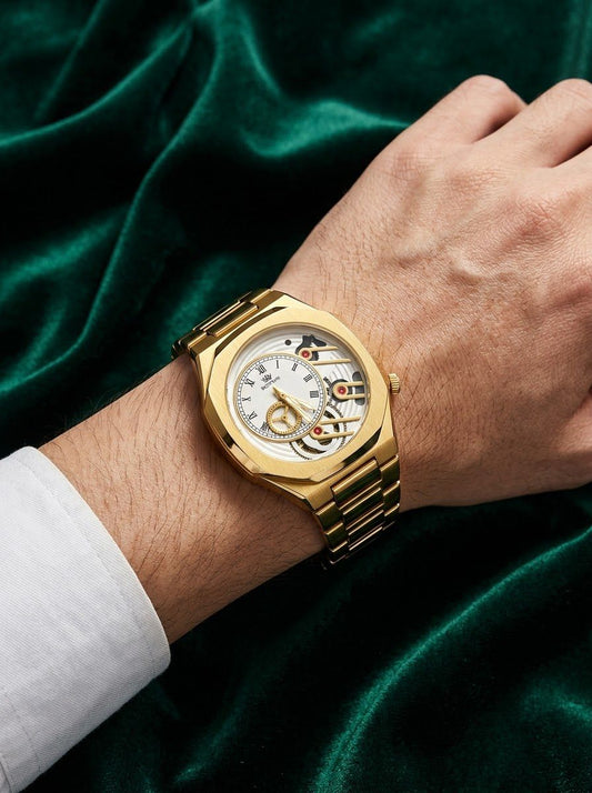BESTWIN Luxury Gold Skeleton Mechanical Style Watch